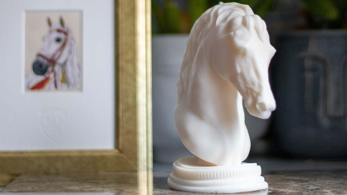 Scented Horse Head Candle - Sculptural Soy Wax Decor — lit candle