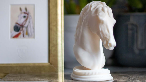 Scented Horse Head Candle - Sculptural Soy Wax Decor — lit candle