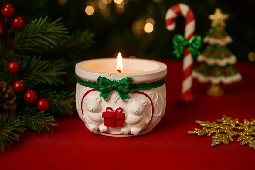 Decorative candle with Christmas-themed design on a red surface with festive decorations.