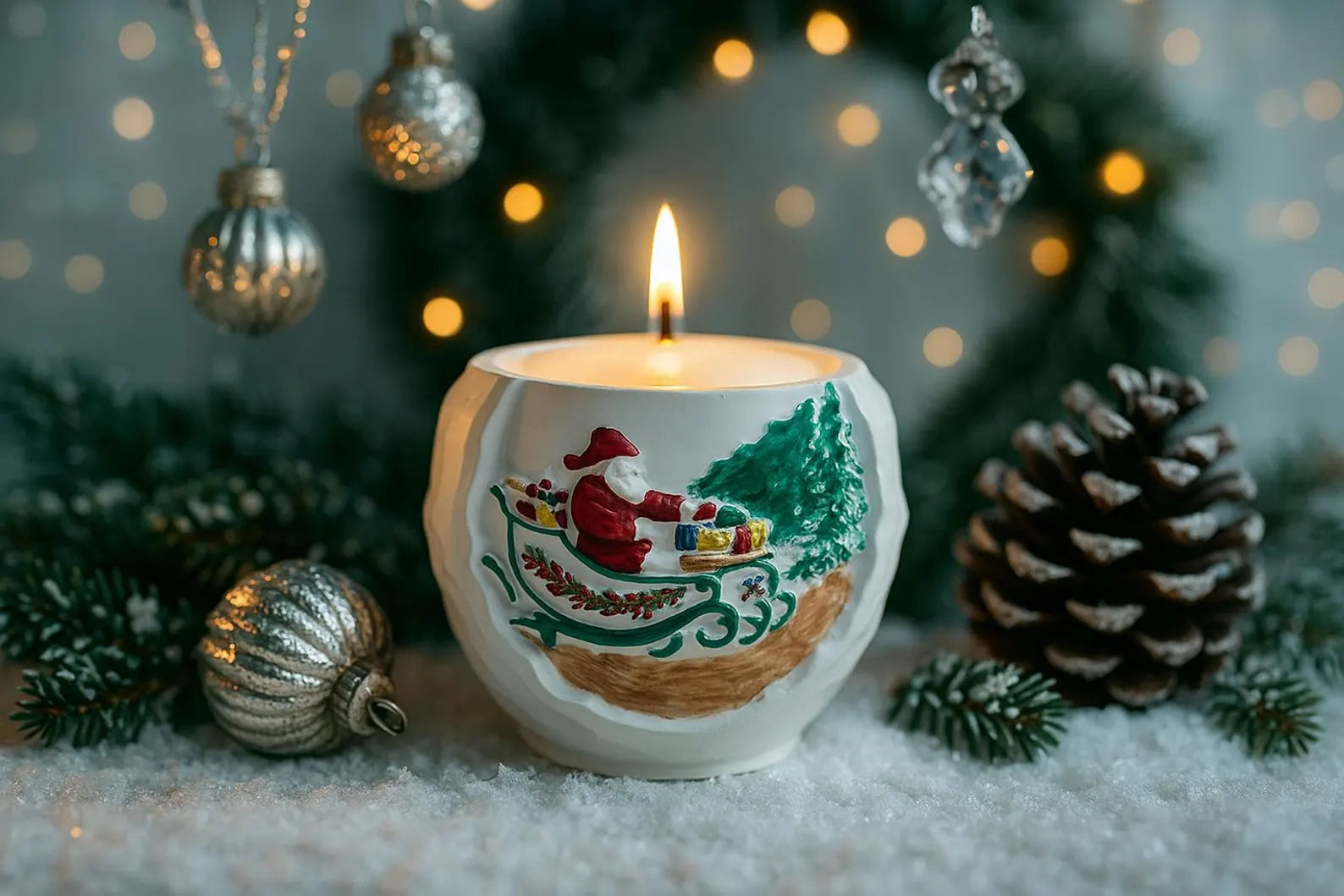 Decorative candle with Santa Claus design in a festive setting with ornaments and pine cones.