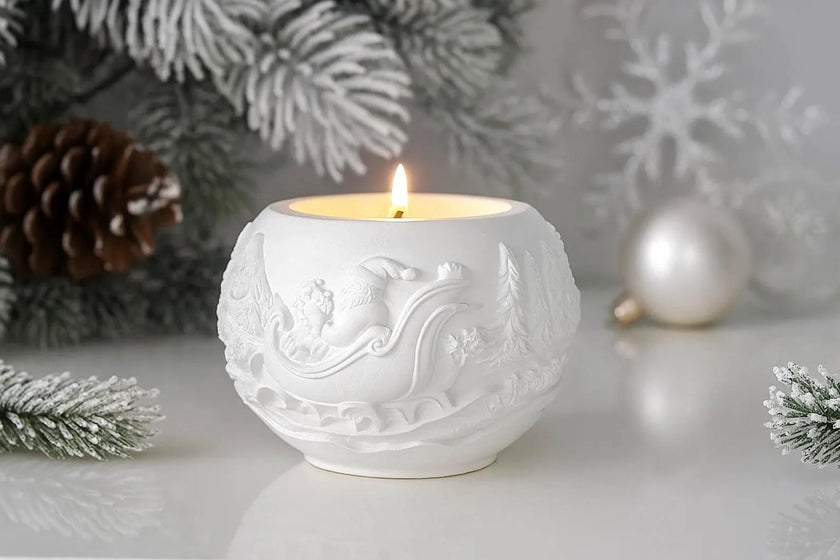 White embossed candle holder with a lit candle on a decorative background with pine branches and ornaments.