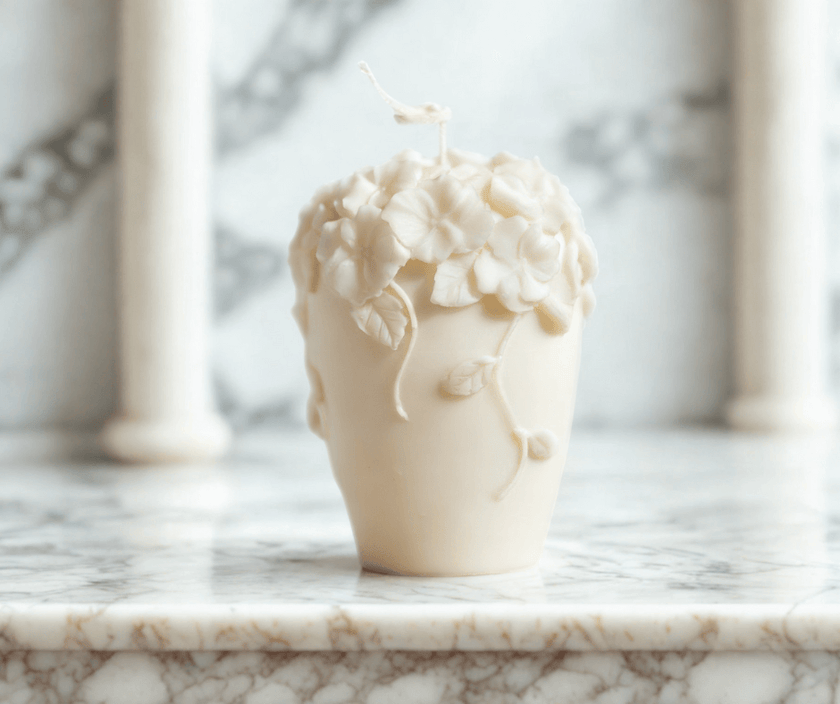 Floral Harmony candle in pastel color – artisan soy wax design for eco-conscious home fragrance