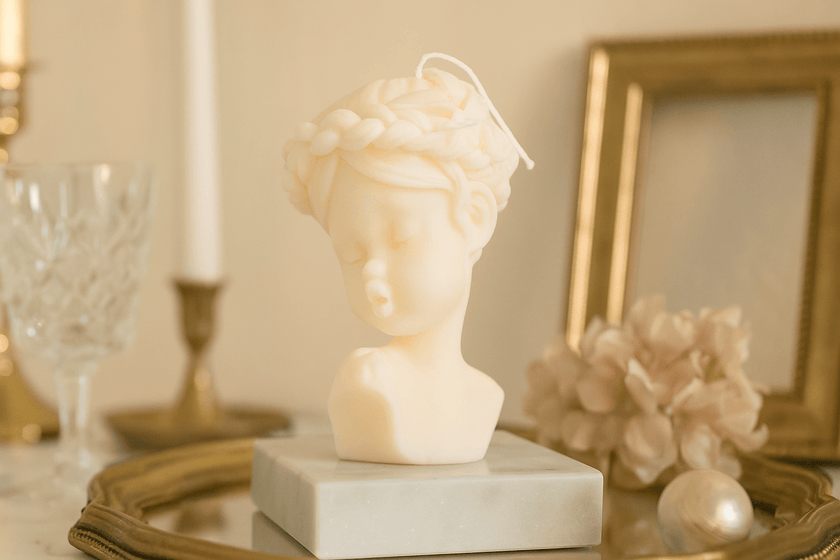 Candle Bust on a decorative table with a soft focus background