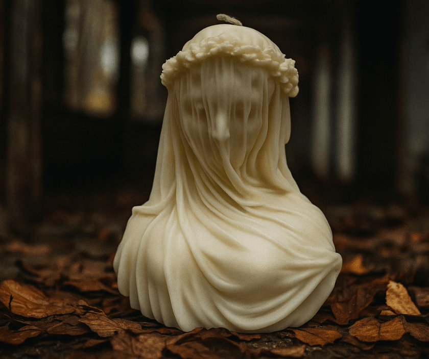 Gothic Halloween décor white soy wax candle shaped as elegant veiled woman sculpture