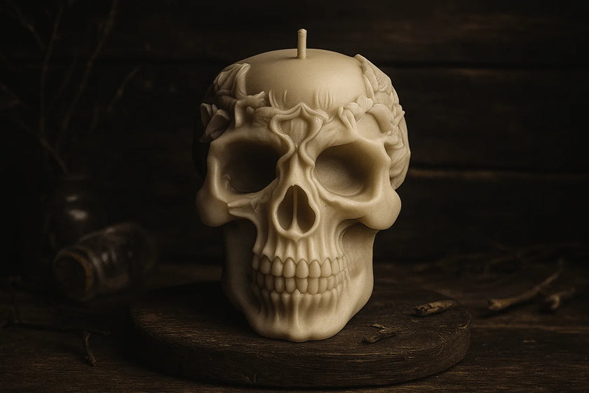 Skull-shaped candle on a dark wooden surface