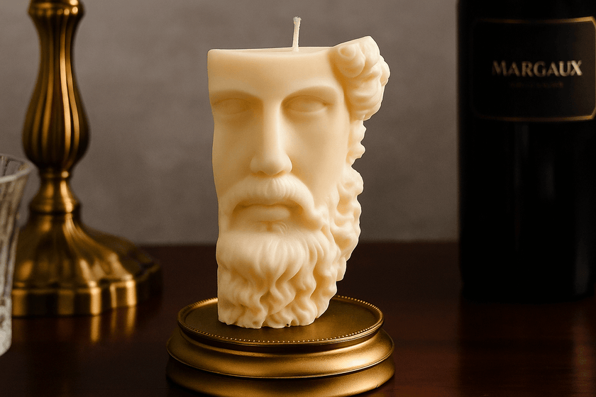 Candle shaped like a face with a beard on a wooden surface 