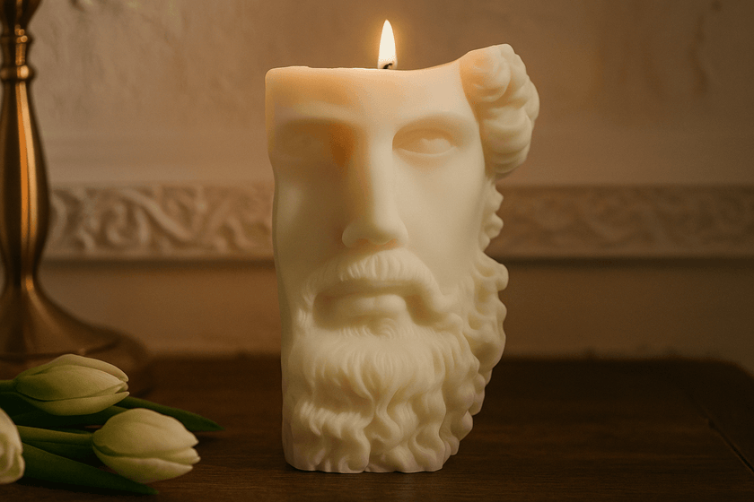 Greek face candle in soy wax – sculptural classical bust for clean minimalist decor.