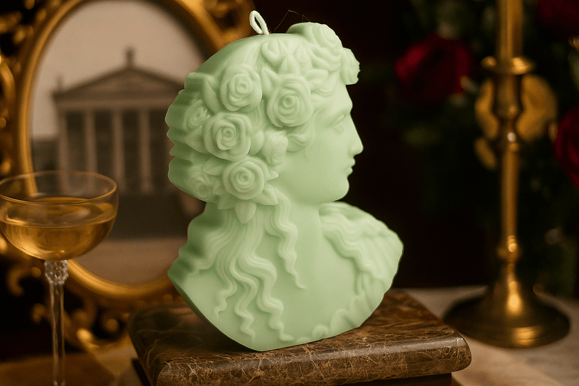 Greek goddess soy candle on marble surface – clean-burning sculpture candle for timeless home fragrance and aesthetic decor.