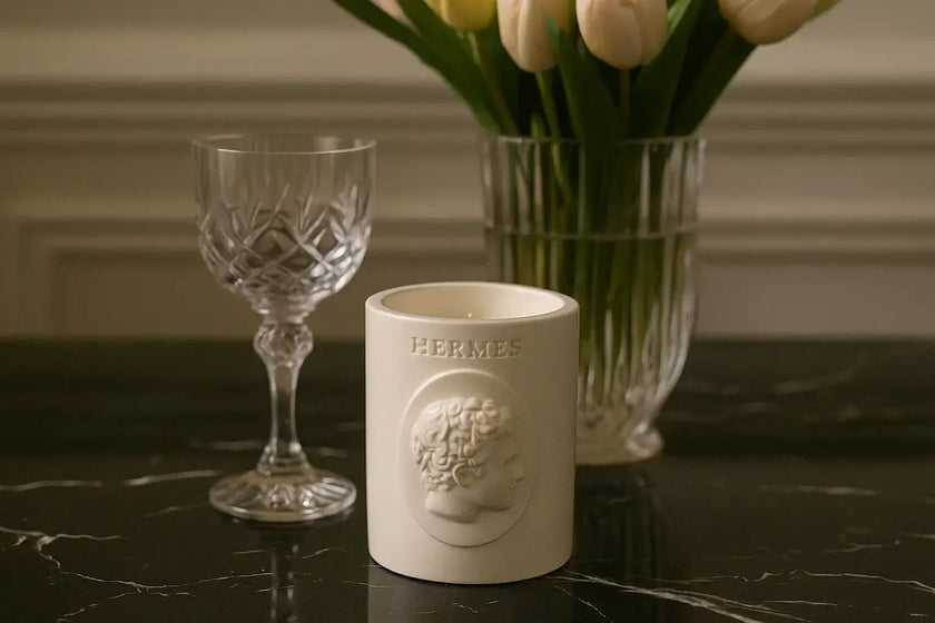 Ceramic container with 'HERMES' branding on a marble surface with a glass and flowers in the background.