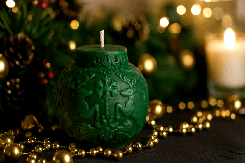 Green candle with deer design on a festive background with lights and decorations.