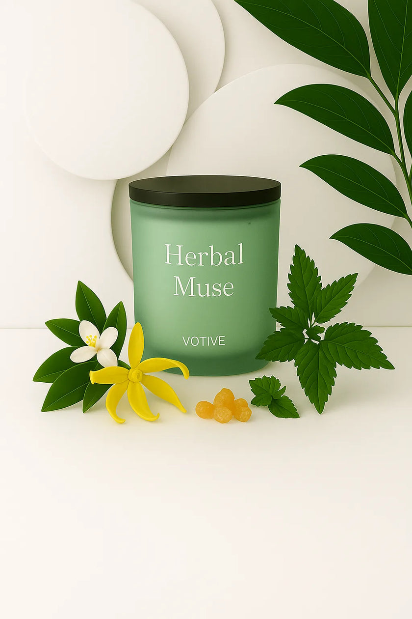 Eco-friendly Herbal Muse candle with soft floral arrangement, perfect for sustainable home styling.