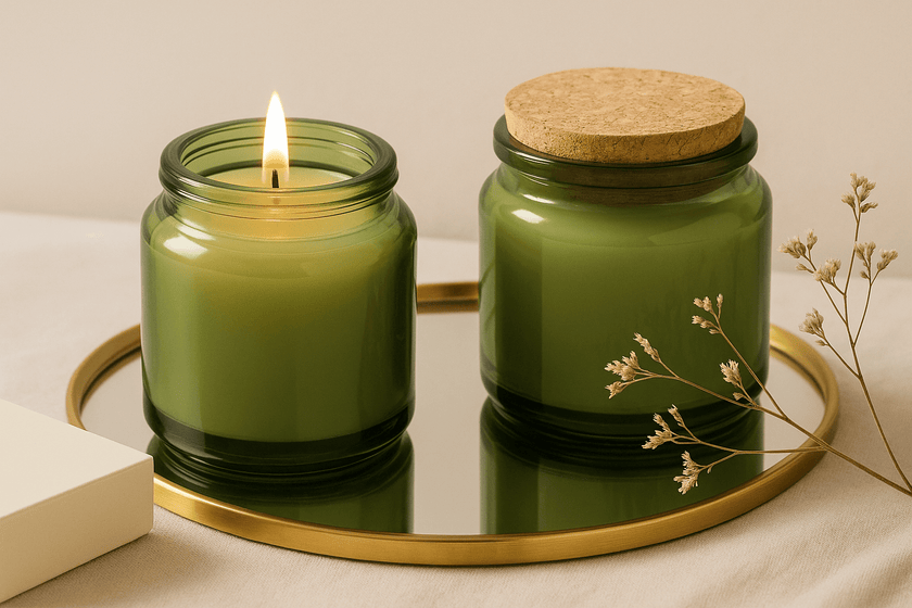 Eco-friendly soy wax candles in green glass jars with cork lids on a gold tray.