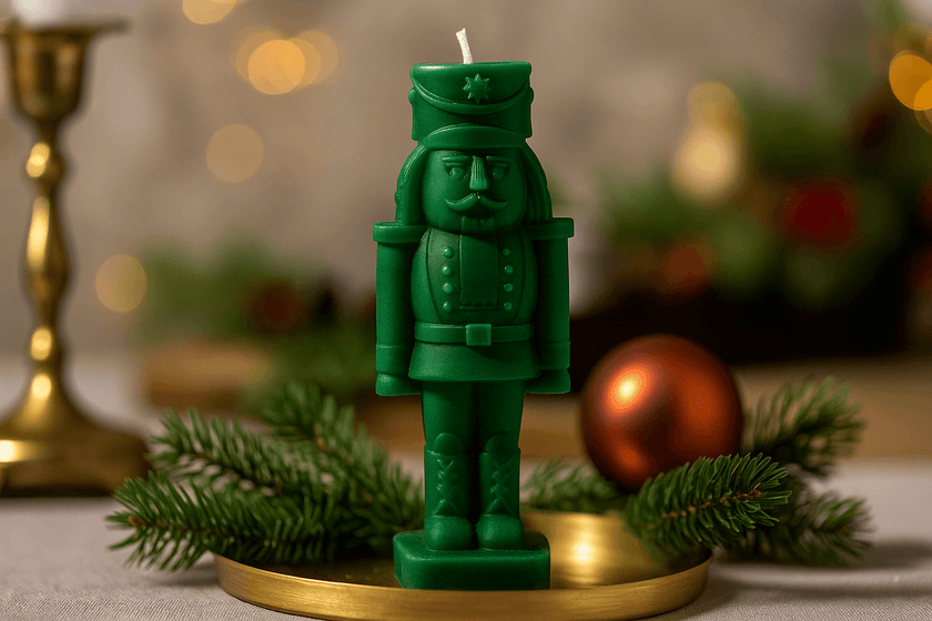 Green nutcracker candle on a gold holder with festive decorations in the background