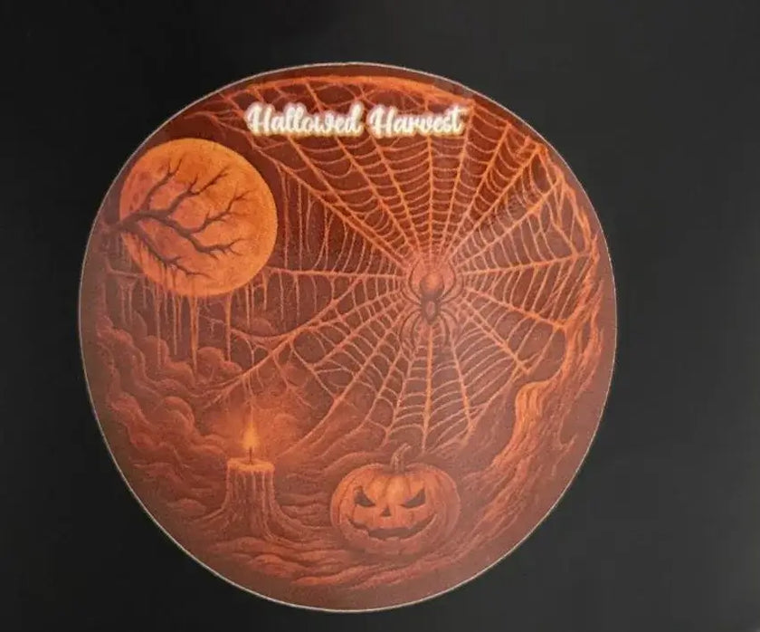 Hallowed Harvest candle label with spider web and pumpkins – soy wax Halloween candle