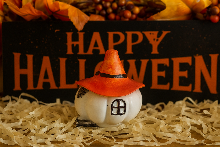 Halloween-themed decoration with a small house-shaped pumpkin and orange witch hat on straw, set against a 'Happy Halloween' sign.