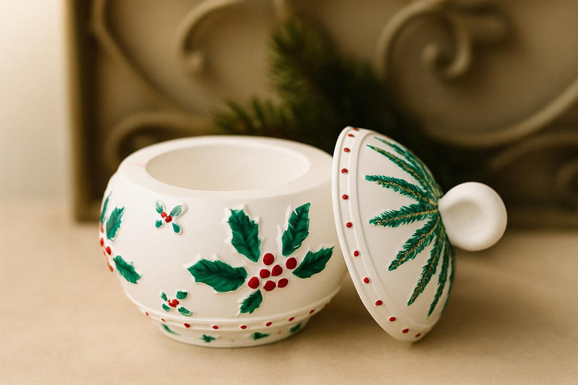 Decorative ceramic pot with holly design on a neutral background