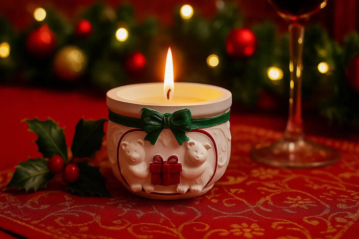 Decorative candle with sheep design on a red tablecloth with Christmas decorations.