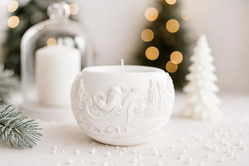 Decorative white candle with intricate designs on a snowy surface with blurred Christmas trees and lanterns in the background.