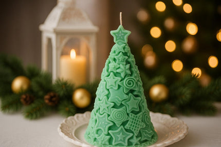 Green Christmas tree-shaped candle on a white plate with festive background
