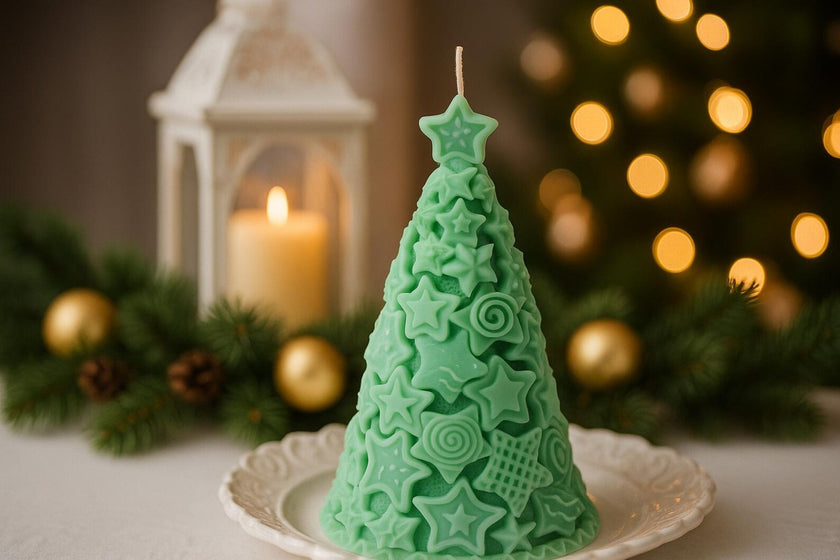 Green Christmas tree-shaped candle on a white plate with festive background