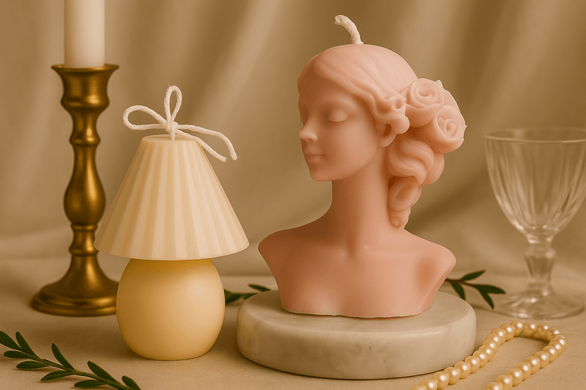 Sculptural candle set with woman bust and mushroom lamp-style candle beside gold candlestick