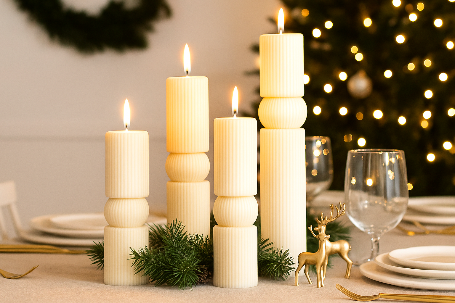 Hand-poured sculptural soy wax candles lit on a holiday table with Christmas tree lights in the background, elegant festive home décor for Christmas candle lovers