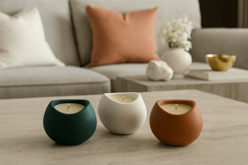 Three ceramic candle holders with candles on a coffee table in a living room setting.