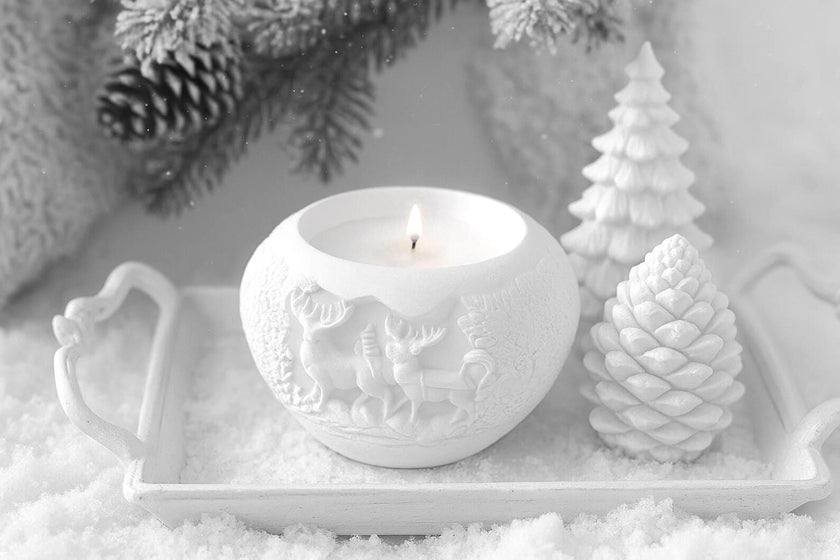 White ceramic candle holder with a lit candle on a snowy surface with decorative trees and pine cones.