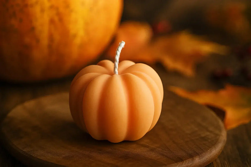Small pumpkin-shaped candle on a wooden surface with pumpkins and leaves in the background. Hand poured pumpkin candle 3.5 oz with cotton wick and phthalate-free fragrance