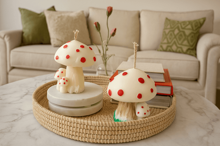 Hand painted mushroom-shaped candle made from non-toxic soy wax, sculptural and whimsical decor piece.