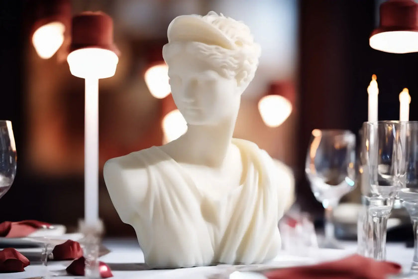 Sculptural Artemis Goddess Candle made of white soy wax, elegantly displayed on a dining table with candles.