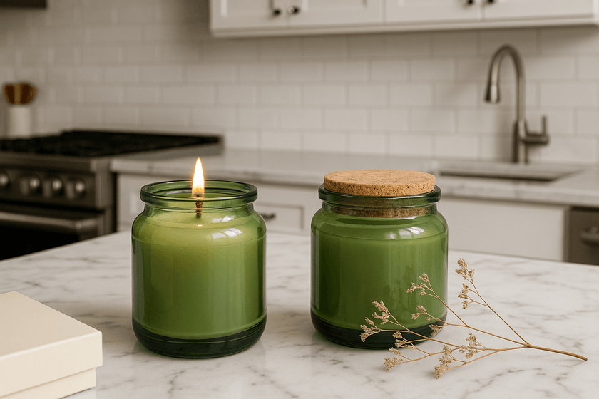 Hand-poured soy candles in eco-friendly green jars with cork lids on marble surface.