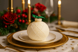 Handcrafted cream-colored globe candle with pearl-like details, perfect for festive decor and holiday gifts.