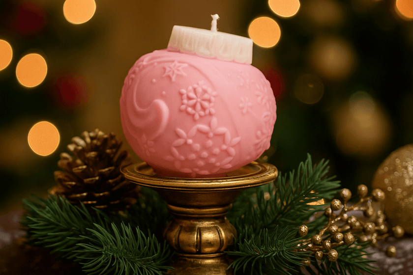Handcrafted globe-shaped candle with delicate snowflake engravings, infused with a cozy holiday fragrance.