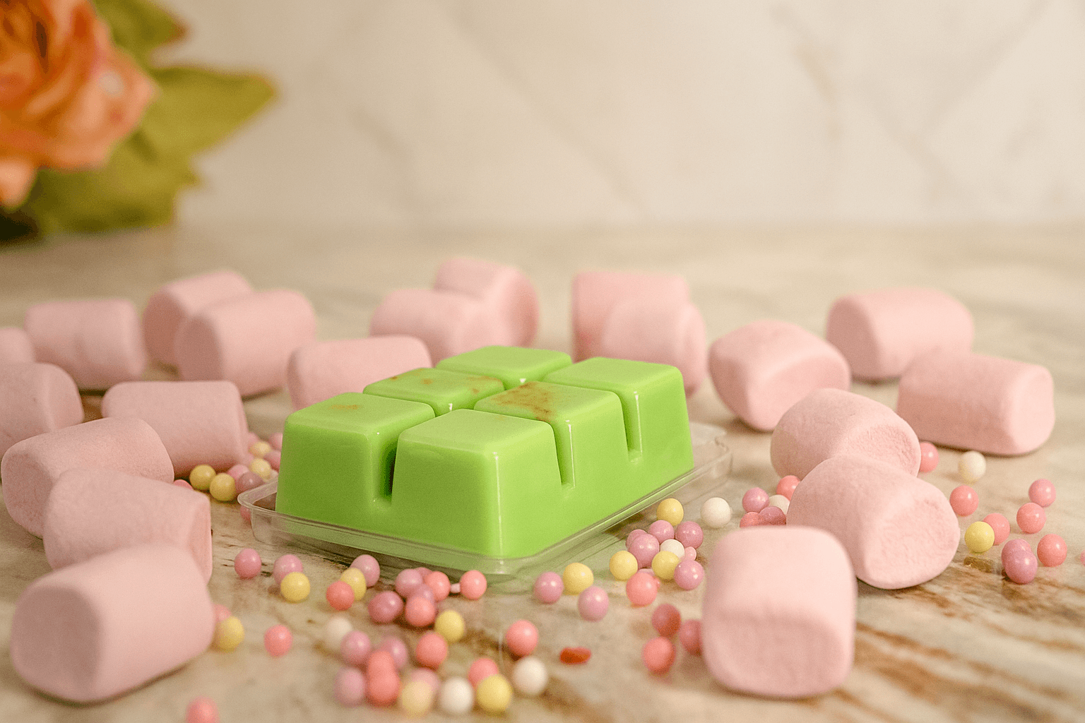 Handcrafted green wax melts surrounded by colorful candies, evoking childhood joy, sweet scents, and cozy moments at home.