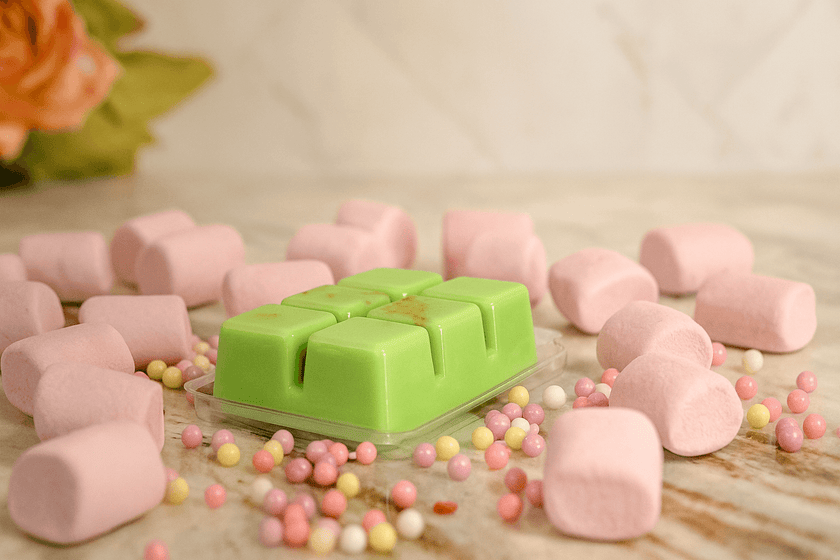 Handcrafted green wax melts surrounded by colorful candies, evoking childhood joy, sweet scents, and cozy moments at home.