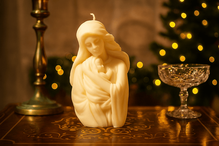Handcrafted nativity candle featuring a mother holding a child, symbolizing warmth and refinement for home decor.