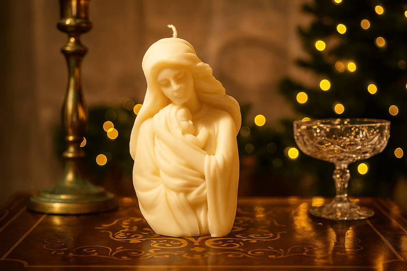 Handcrafted nativity candle featuring a mother holding a child, symbolizing warmth and refinement for home decor.
