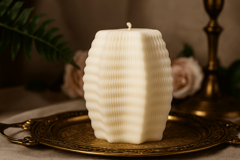 Handcrafted natural scented candles in unique shapes on a sparkling background.