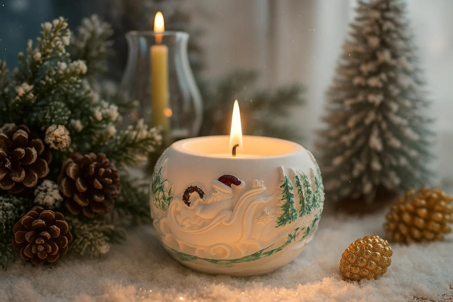 Decorative candle with festive design surrounded by pine cones and small trees