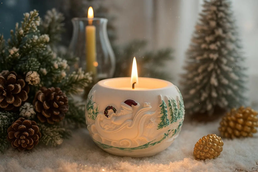 Decorative candle with festive design surrounded by pine cones and small trees