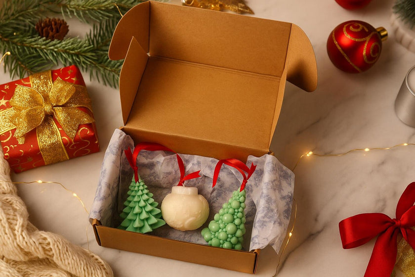 Open brown gift box with Christmas-themed items on a marble surface with festive decorations.