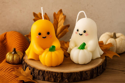 Handmade Ghost Soy Wax Candle: Halloween Pumpkin Fall Candle – front view