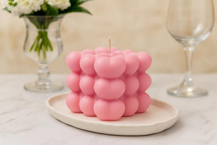 Handmade Heart Cube Bubble Candle – Soy Wax Valentine's Gift – front view