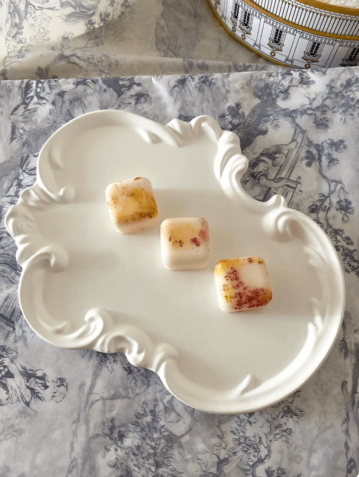 Handmade Victorian style bathroom tray in eco-friendly ivory resin on spa shelf tray