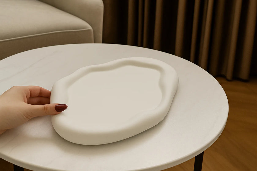White ceramic plate held by a hand on a round white table with a neutral background