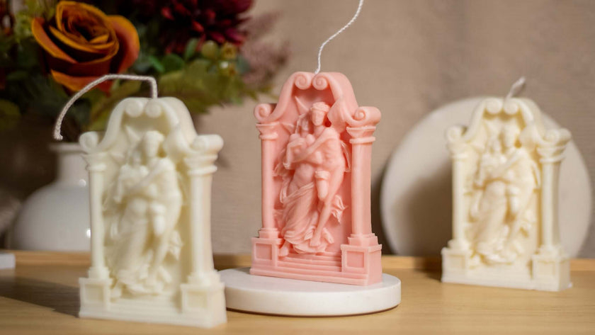 Decorative soy wax sculpture candles for lovers, featuring romantic figures in pink and white, perfect for home decor.