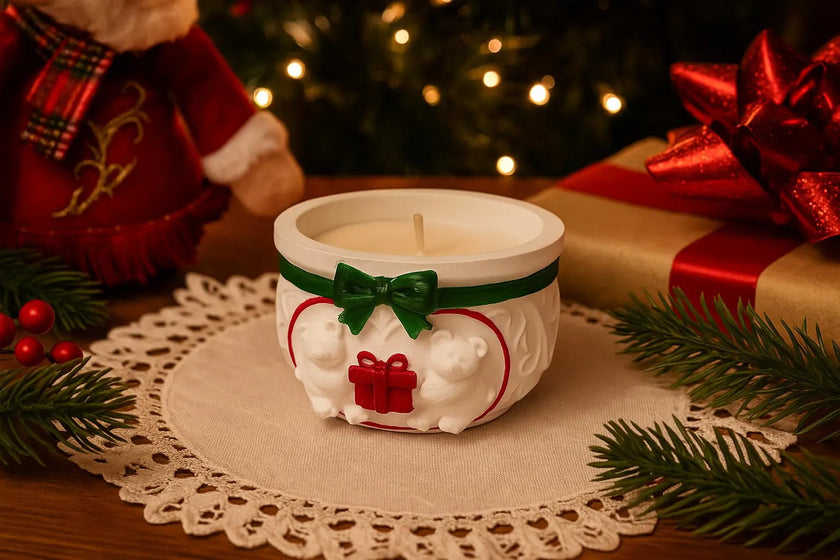 Decorative candle with a green bow on a doily, surrounded by Christmas decorations including a gift and tree.