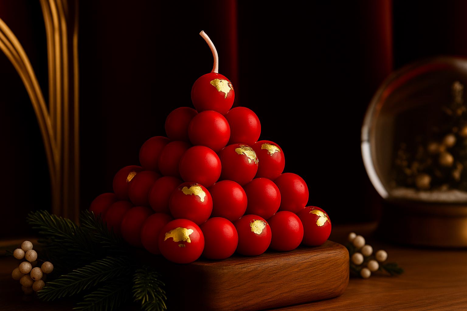 Handmade red pyramid candle with gold leaf accents on wooden base