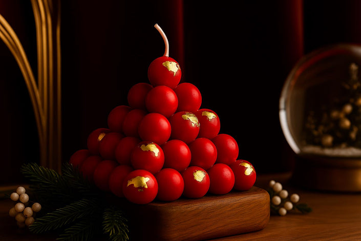 Handmade red pyramid candle with gold leaf accents on wooden base